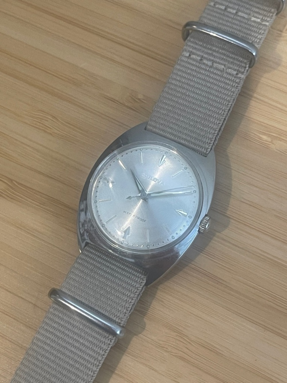 Bulova 1962 Vintage Automatic Silver Dial Watch with Beige Nylon Strap - Unisex - Picture 2 of 7